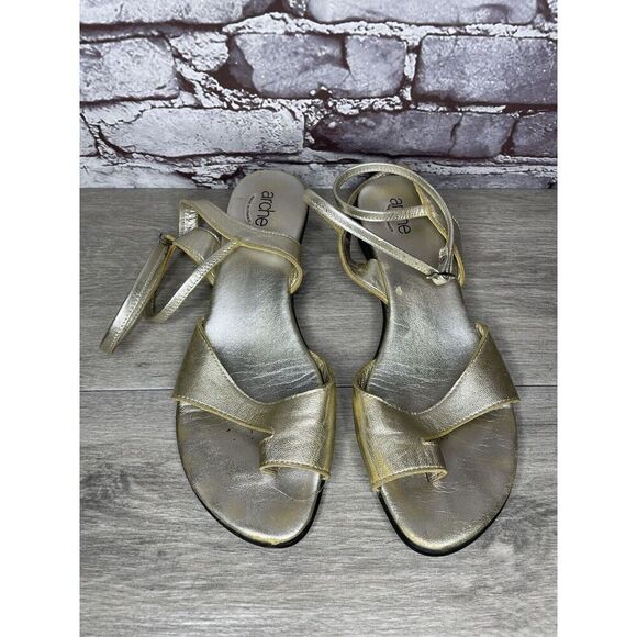 ARCHE France Gold Leather Strappy Wedge Toe Post Sandals Women Sz 41EU/10.5M US - Picture 1 of 16